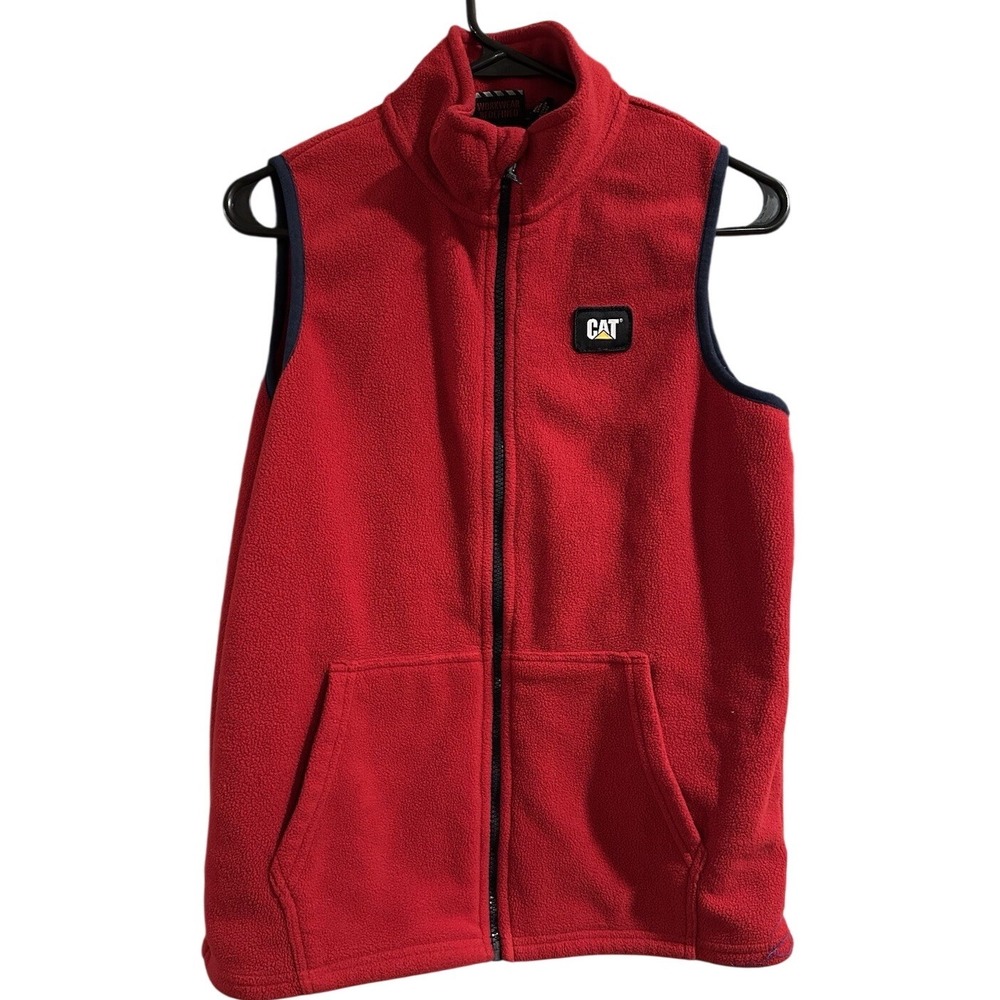 CAT Boys Red Fleece Full Zip Vest w/‎ Pockets Logo Solid Sleeveless Size L 14/16